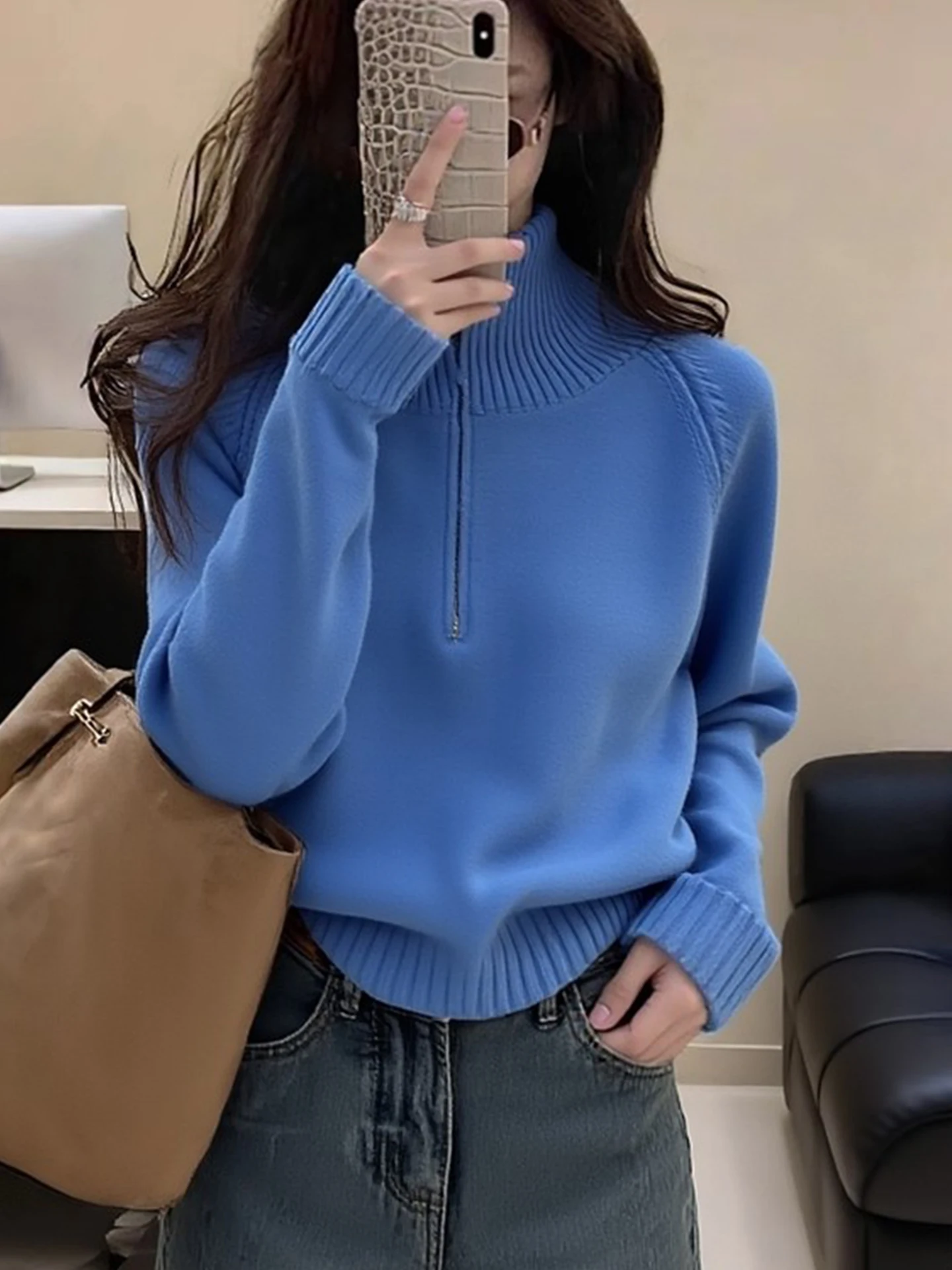 Soft Blue High Collar Half Zip Knitwear Long Sleeve Winter Fashionable Versatile Women's Cashmere Sweater Korean Style Commute