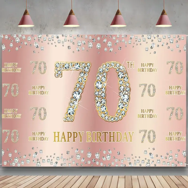 Happy 70th Birthday Banner Decoration Women Pink Rose Gold Backdrop Party Supplies Large 70 Year Old Background Outdoor Indoor