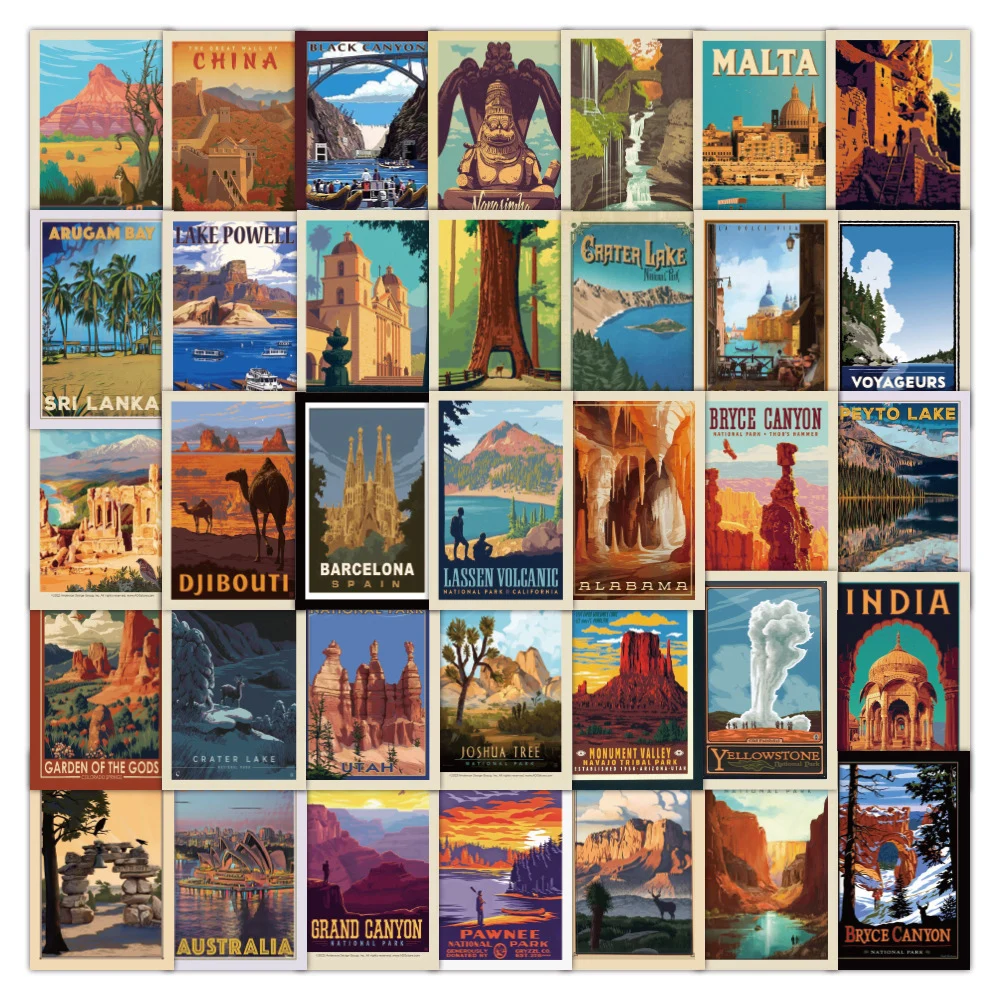 10/30/50pcs Vintage Tourism Landscape Poster Stickers for Laptop Suitcase Luggage Waterproof Decoration Cartoon Kids Sticker Toy