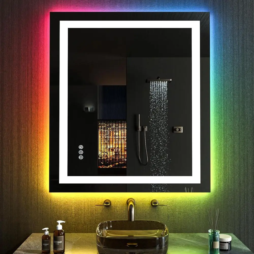Miroir de salle de bain éclairé par LED, 20x28, antibuée, RGB à intensité variable, vanité frontale en verre trempé étanche