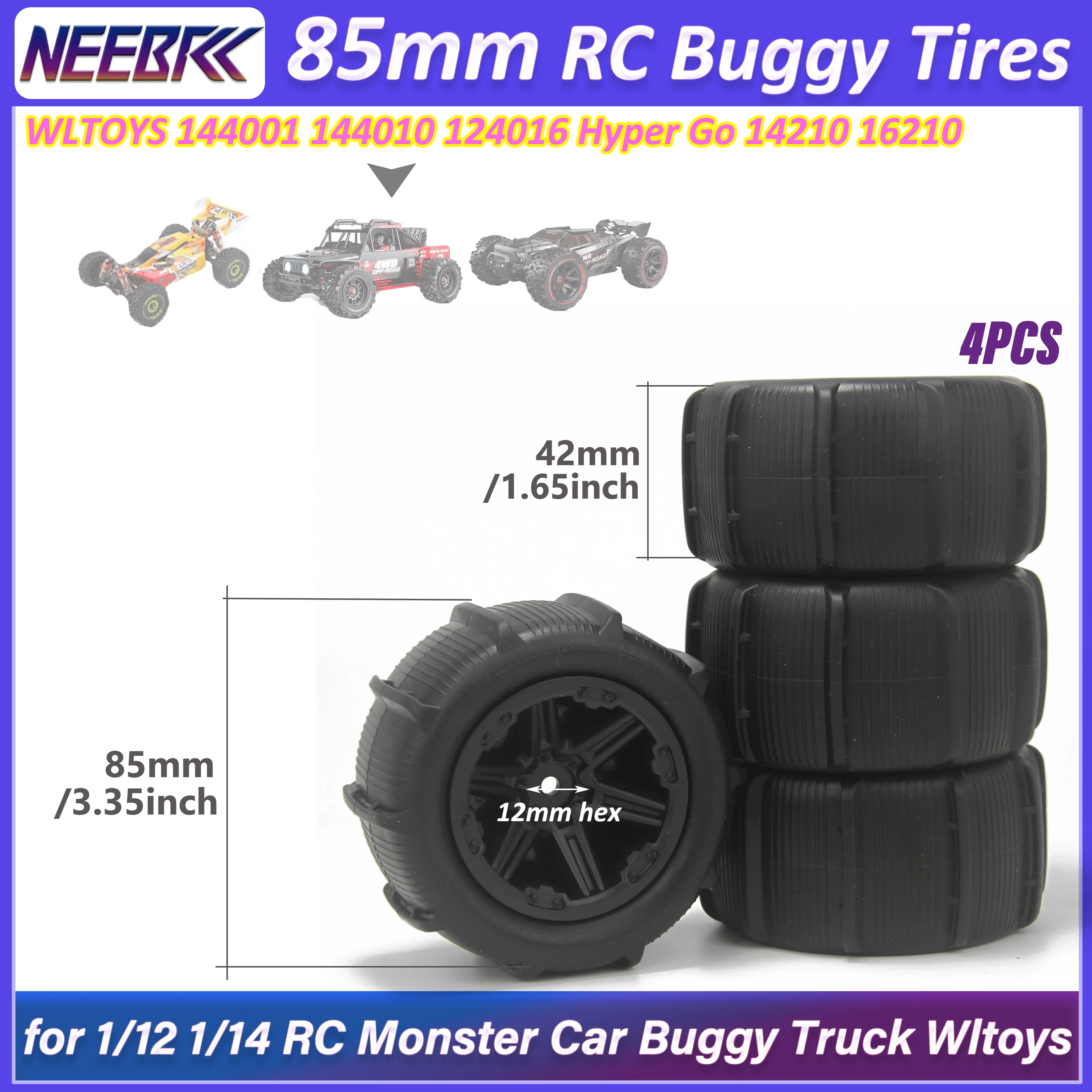 

4PCS 85mm RC Tires 12mm Hex Wheels Tyre for 1/12 1/14 RC Monster Car Buggy WLTOYS 144001 144010 HBX 16889 SCY16101/Pro 16102/Pro