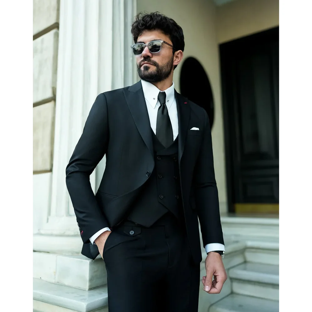 Black Men Suits Boutique Business Stretch Fabric Solid Color Suit Slim Fashion Business Casual Wedding Tuxedo 3 Piece Set