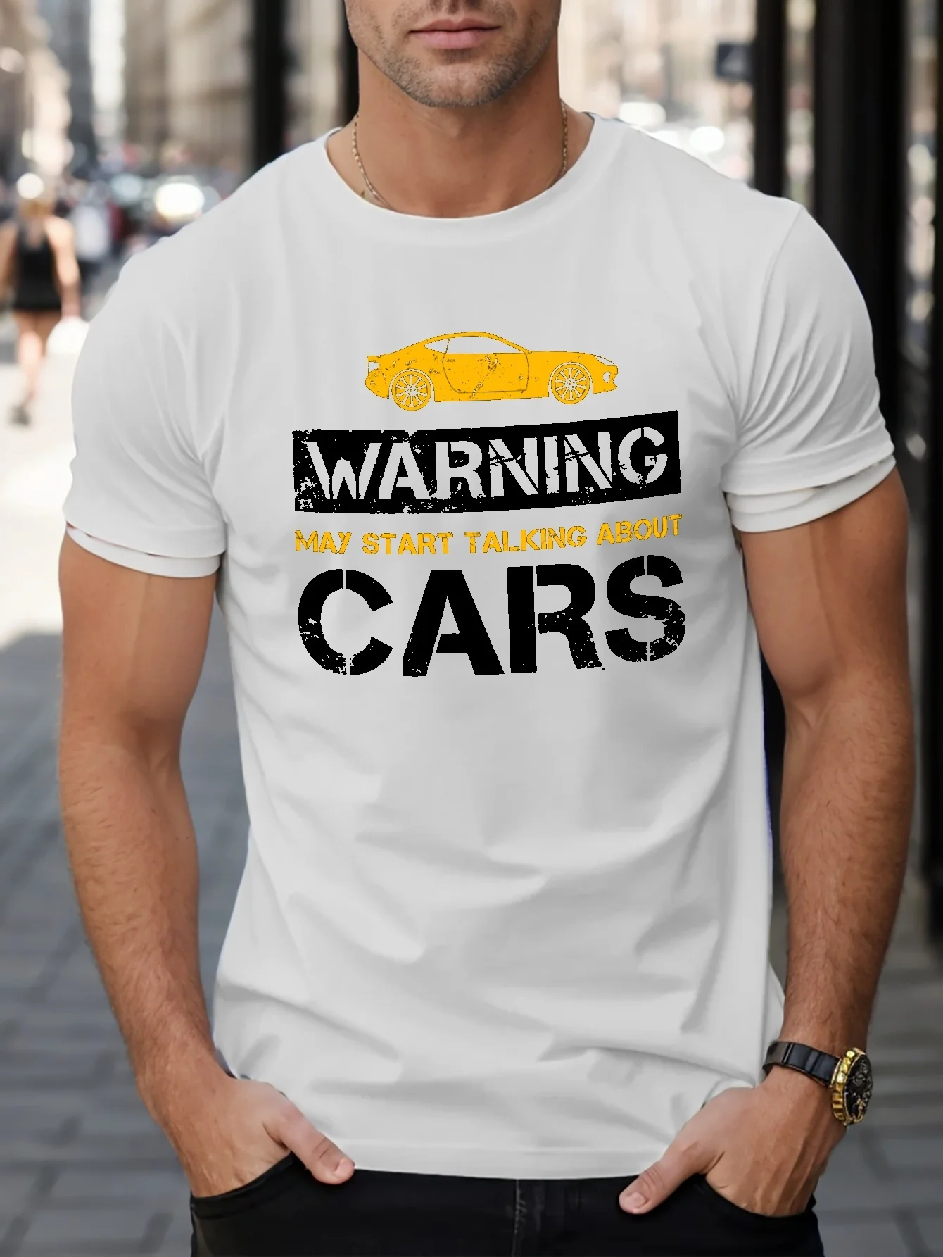 

Graphic Print Crew Neck Tee Mens Creative Top Casual Short Sleeve Crew Neck T-shirt WARNING Letter And Car Graphic Print