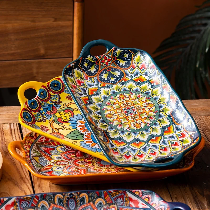 1Pc Bohemian Floral Underglaze Ceramic Fish Plate, Large Rectangular Platter with Two Handles,Microwave Oven Safe Home Tableware