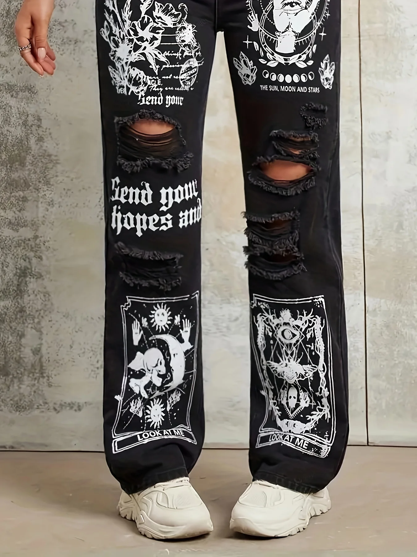 Vaqueros rectos sueltos y cómodos rasgados con estampado pintado a mano, informales, elegantes, negros, para mujer
