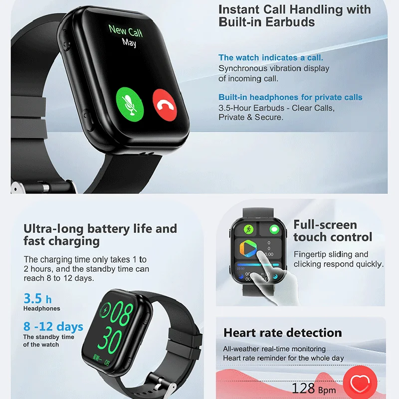 ساعة ذكية للموسيقى الرياضية 2 في 1 مزودة بسماعات TWS عالية الدقة ومكالمات بلوتوث ومراقبة معدل ضربات القلب والصحة وساعة ذكية مقاومة للماء