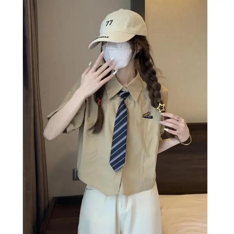 

EBAIHUI Preppy Style Short Sleeved Shirt Summer New Polo Collar Ladies Blouse Korean Casual Loose Short Blusas with Tie