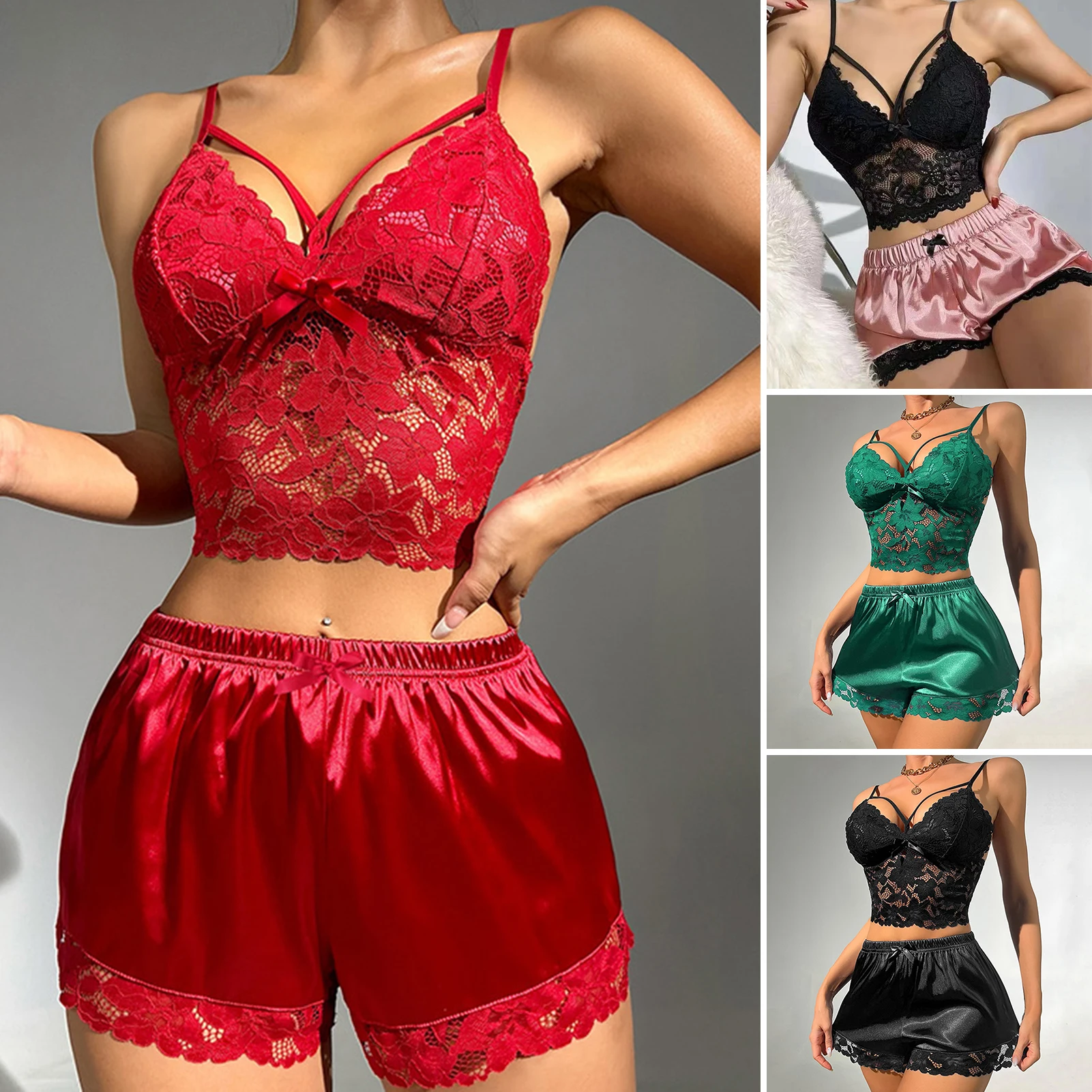 2Pcs ผู้หญิงเซ็กซี่ดูผ่าน Lace Tube TOP Bra ซาตินสั้นชุดนอนกางเกงชุดคริสต์มาสของขวัญ секс пижама женская