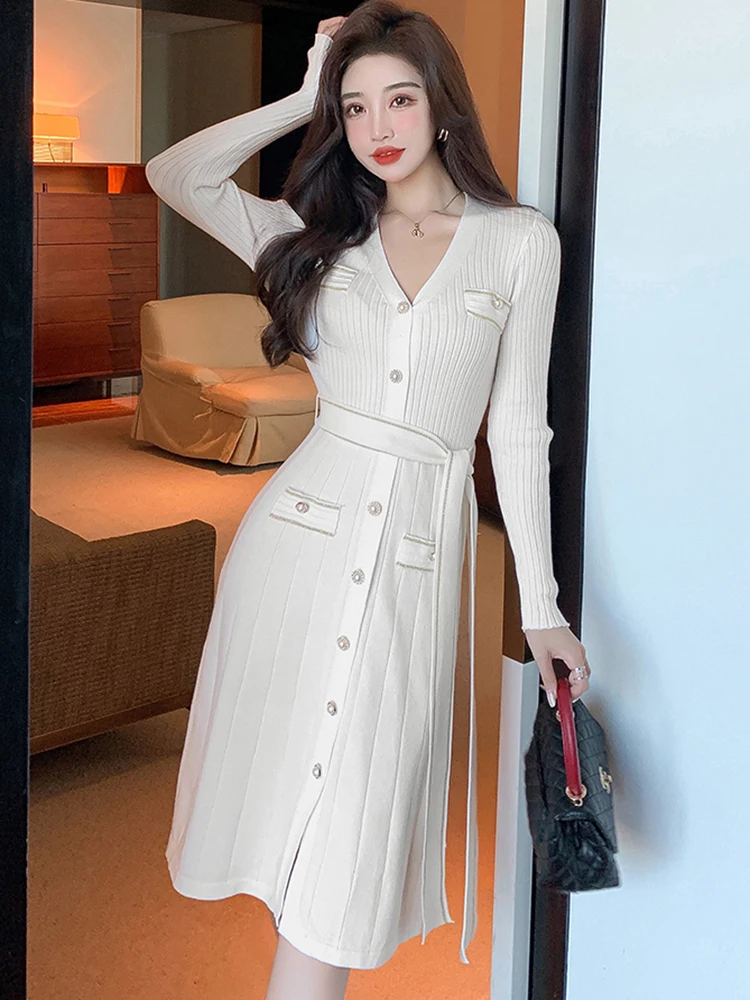 Otoño Invierno blanco de punto de un solo pecho vestido Midi mujeres elegante vendaje ceñido al cuerpo vestido de fiesta 2025 moda coreana vestido Casaul