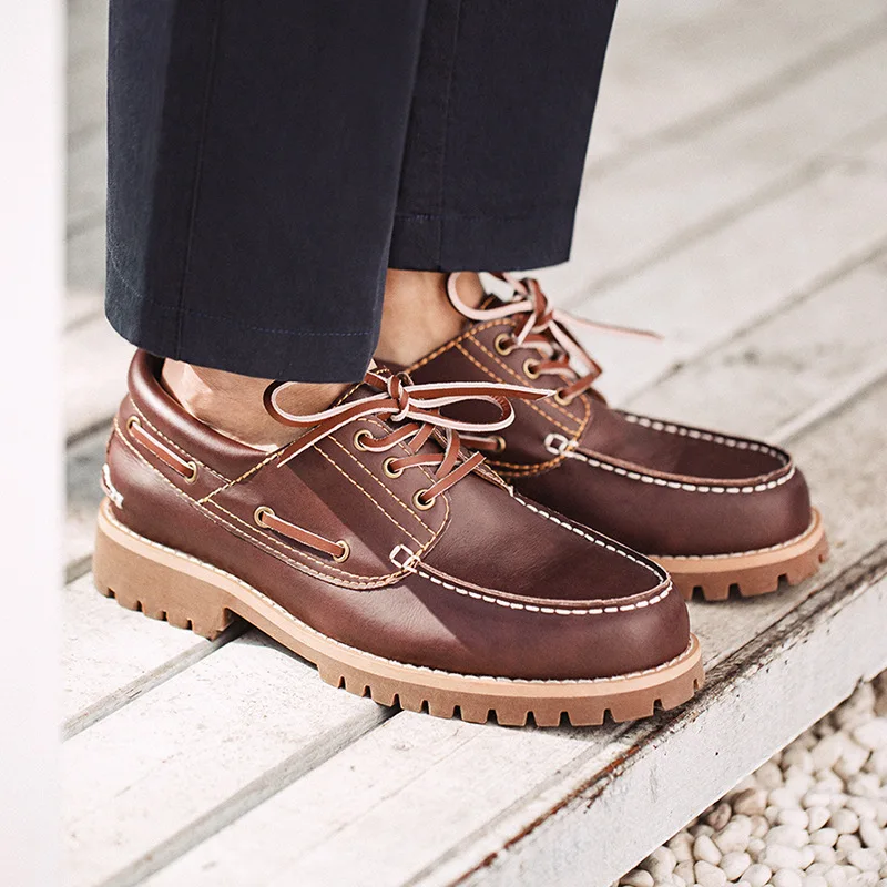 Men's Shoes Vintage Sailing Shoes Round Toe Low Top British Style Tooling Boots Trendy Casual Sewing Lace Up Leather Shoes 39-44