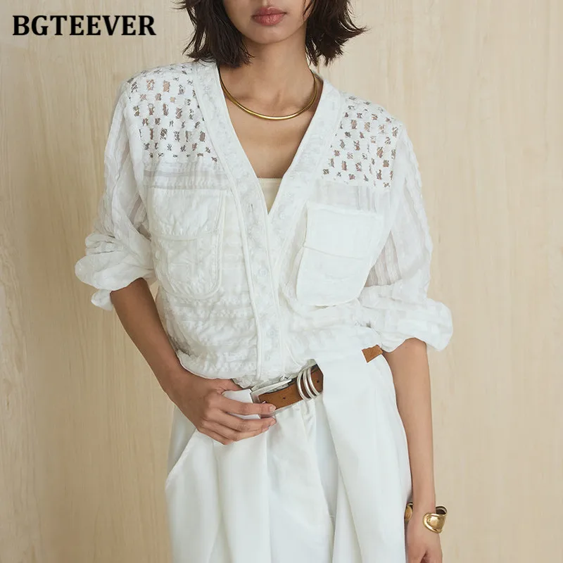 

Женская кружевная блузка с V-образным вырезом BGTEEVER, новая модель с ажурной вязкой и вырезами, топ для женщин