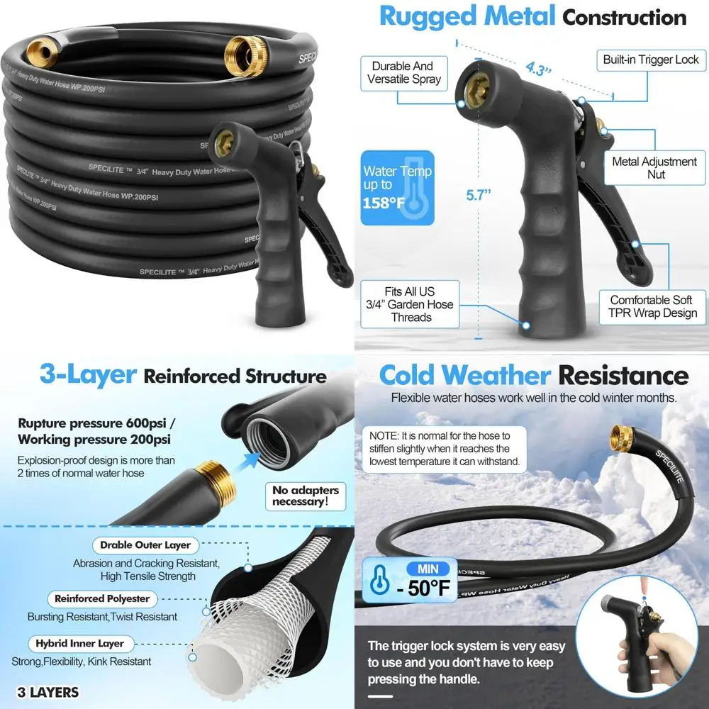 

Прочный гибкий садовый шланг высокого давления длиной 75 футов с промышленной насадкой, выбуриватель 600 фунтов на квадратный дюйм, для горячей/холодной воды, легкий вес для улицы