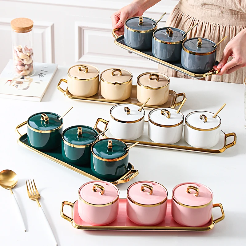 Nordic Ceramic Seasoning Pot Dark Green Gold Pattern Kitchen Storage Box Table Decoration Glass Jars and Lids