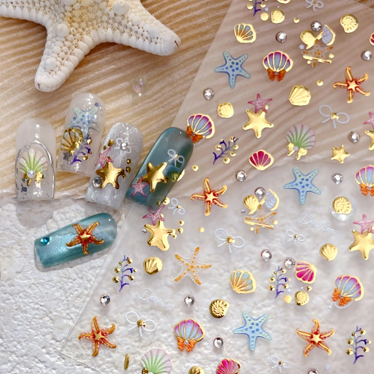 3D Summer Beach Ocean Nail Art Stickers Luxury Gold Shell Starfish Sticker For Nail Decoration Self Adhesive Manicure Decals DIY