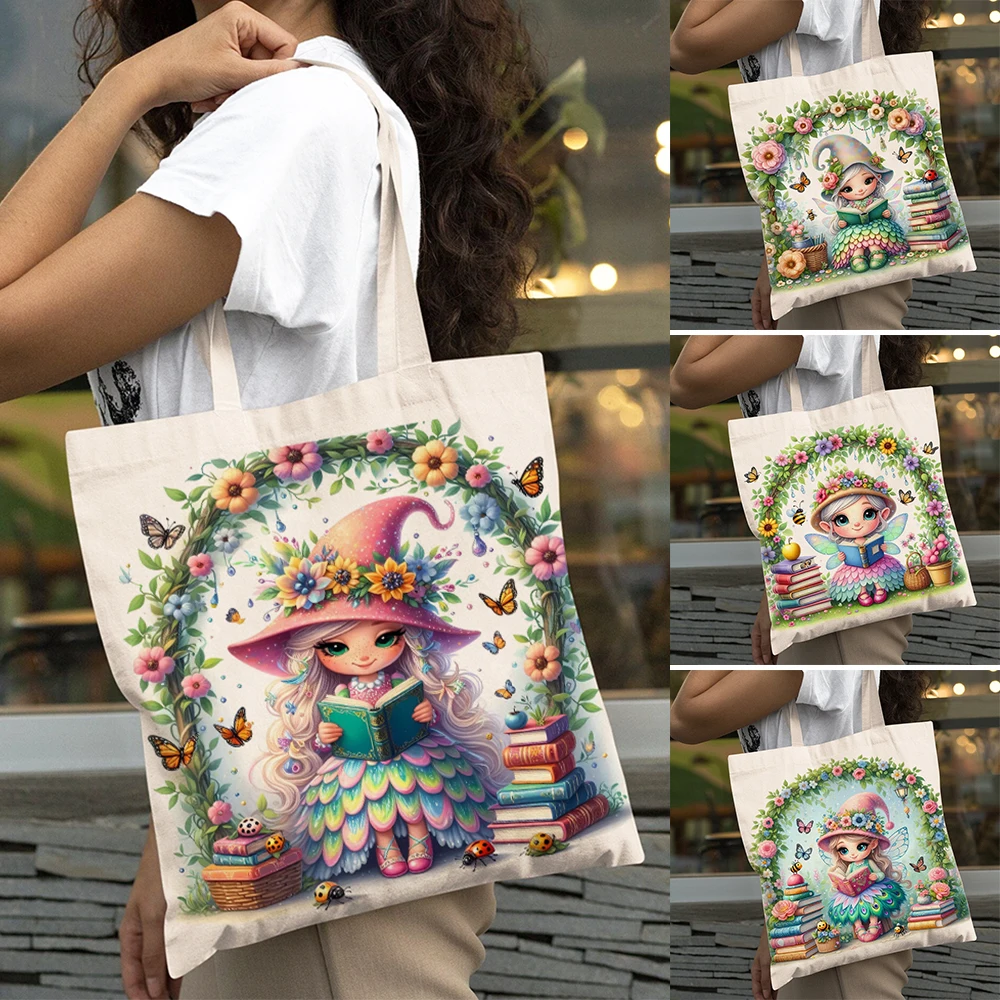 

Casual Cartoon Garden Reading Girl Shopping Bags Eco Large Capacity Women Shopper Bag Lady Tote Shoulder Children Handbags
