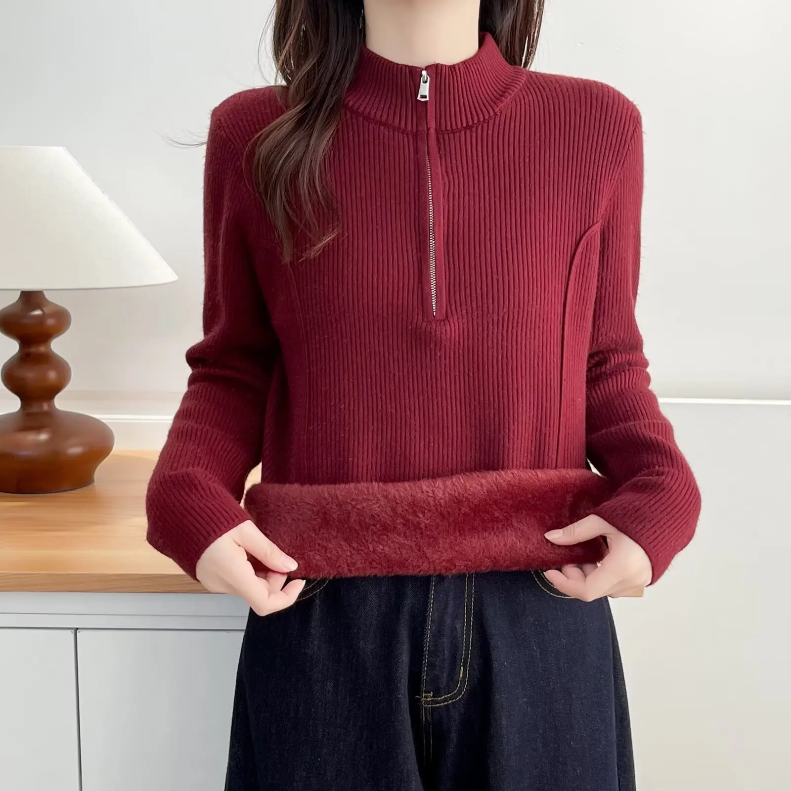 

XXXXL модная женская одежда больших размеров, свитера, новый зимний стиль, элегантный флисовый трикотаж с воротником-стойкой, 2074