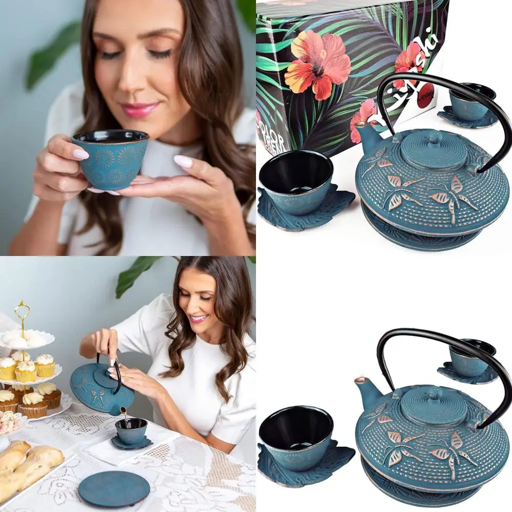 

Японский чугунный чайный сервиз с синей бабочкой на 7, включая кастрюля, чашки, блюдца, заварку и подставка для церемоний матча