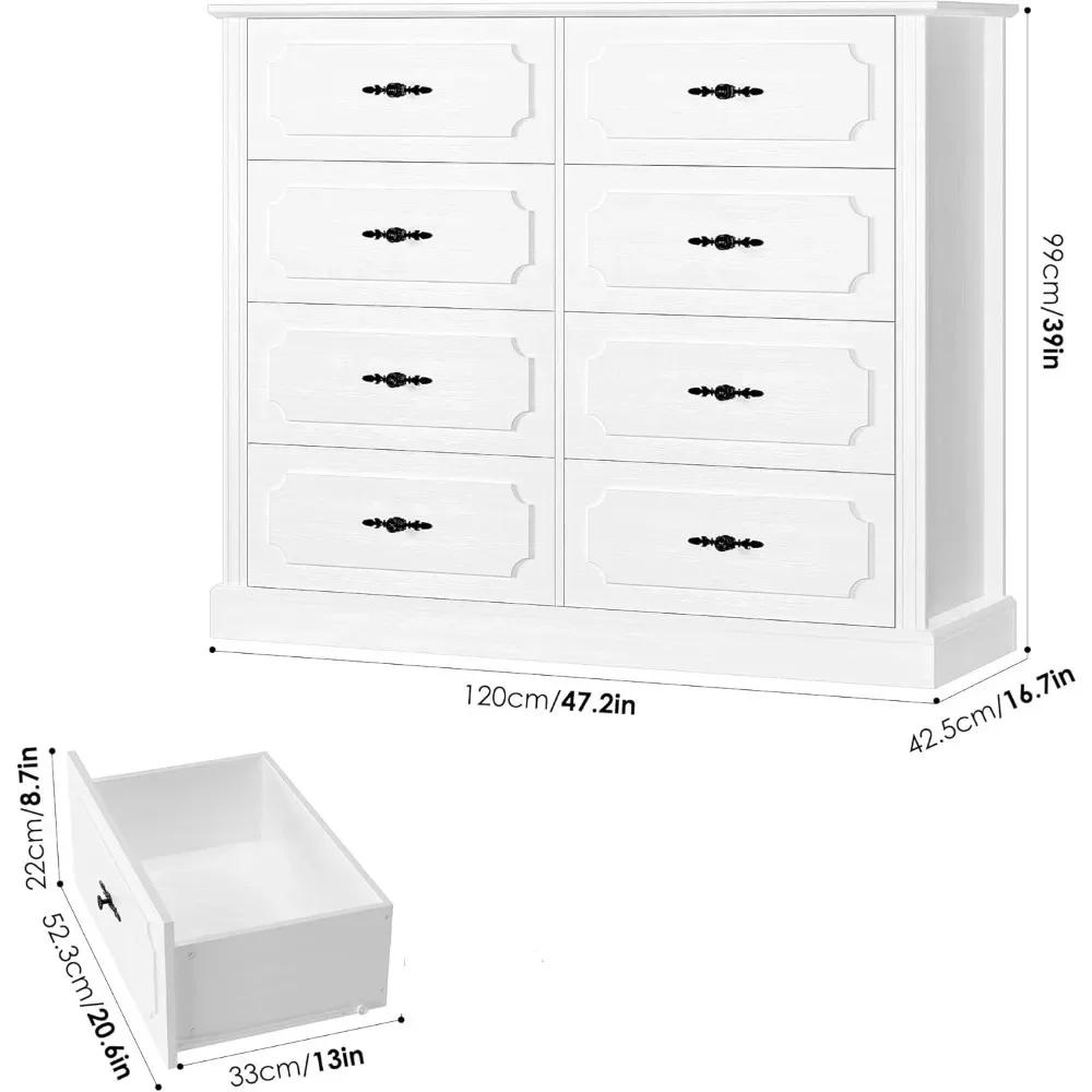 White Dresser Chest of Drawers, Wood Dresser 8 Drawer with Steel Handles, Modern Dresser Drawers Floor Storage Cabinet