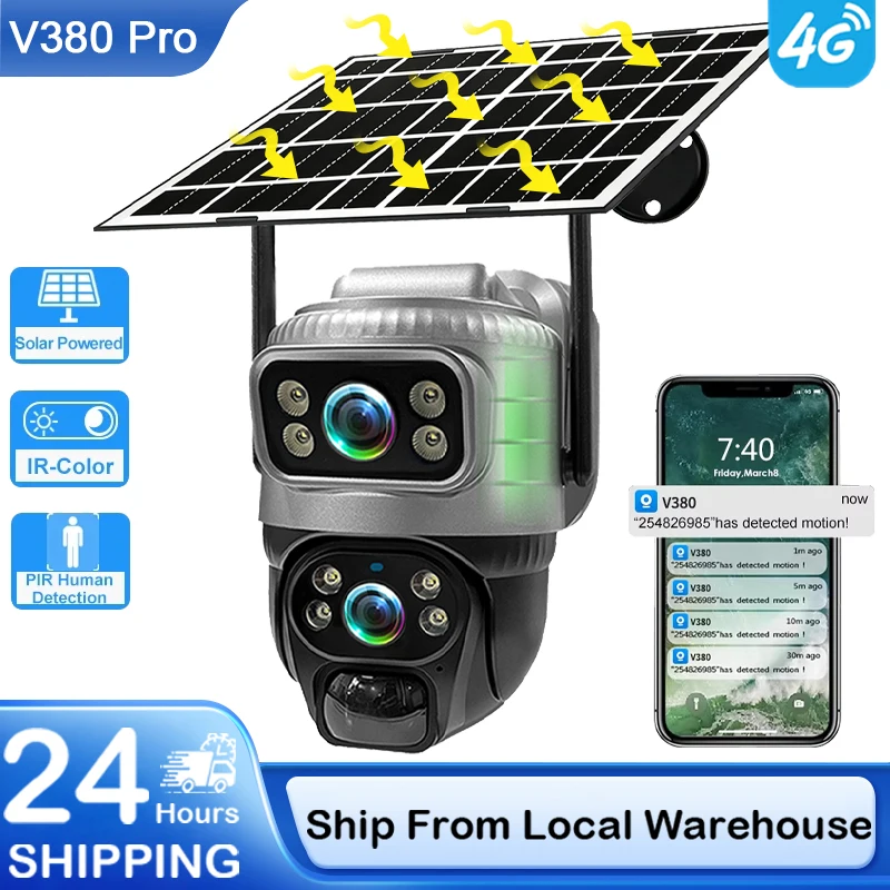 Cámara solar V380 Pro 4K 8MP con doble lente, cámara IP PTZ inalámbrica para exteriores 4G, alimentada por energía solar, batería, cámara