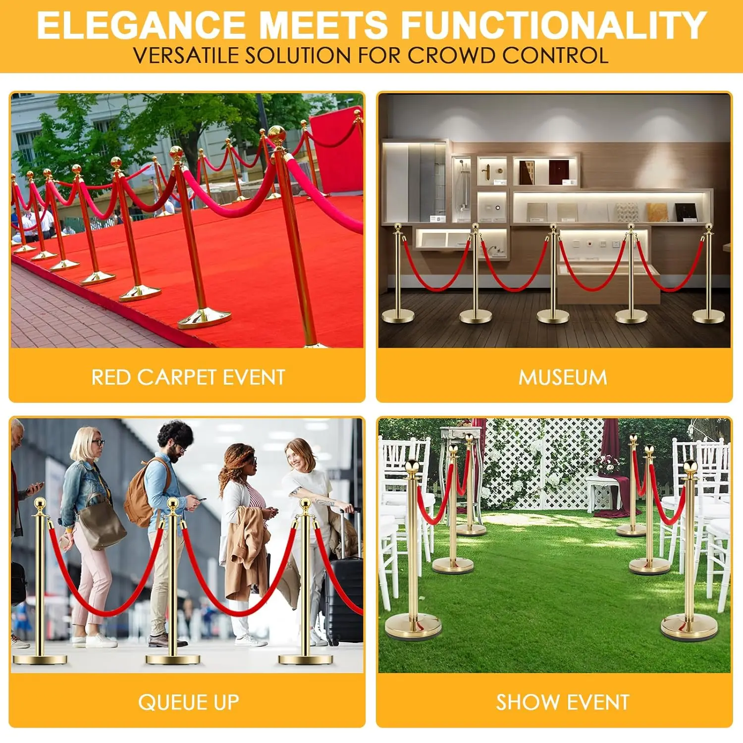 8 PCS Stainless Steel Stanchion Post Queue 5 ft Red Velvet Rope Red Carpet Ropes and Poles Crowd Control Barriers for Red