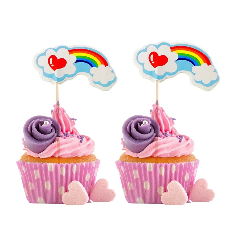 24pcs/lot Rainbow Theme Girls Kids Favors Happy Birthday Events Party Cake Toppers Decorations Baby Shower Cupcake Picks