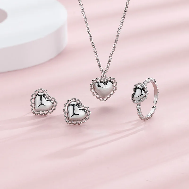 VENTFILLE 925 Stamp Silver Color Love Heart Necklace Ring Earring Set for Women Sweet Girl Korean Jewelry Dropship Wholesale