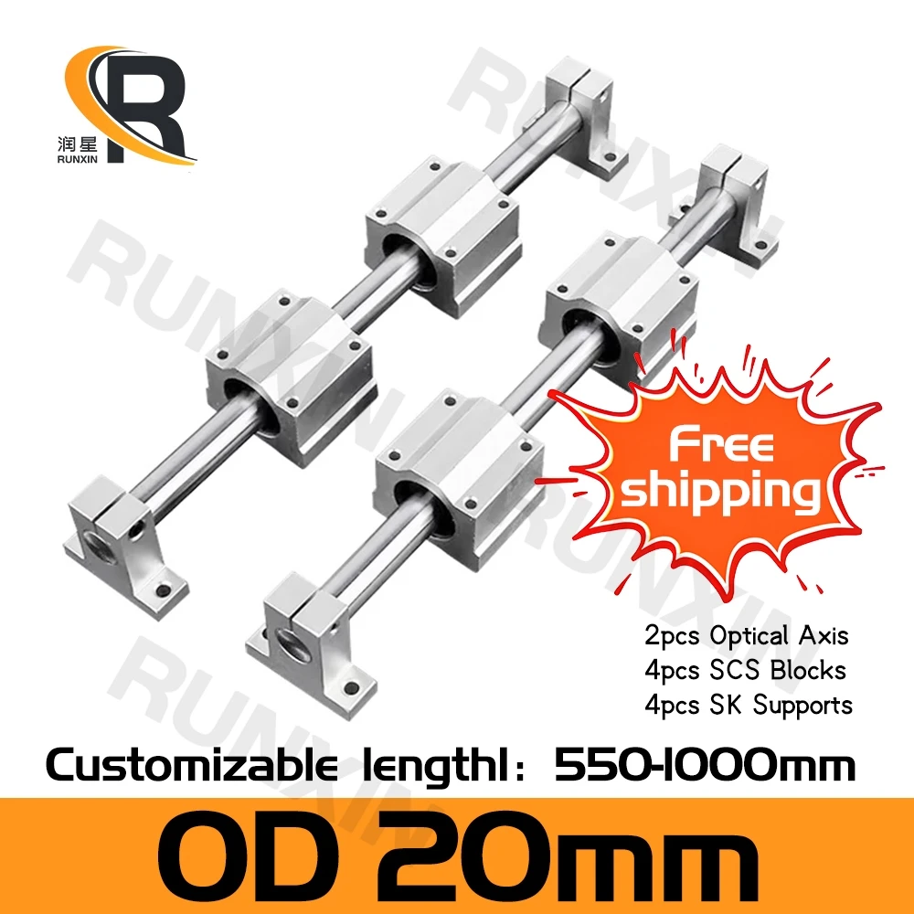 RXTNC 2pcs Optical Axis OD 20mm L550-1000mm + 4pcs SCS20UU Linear Bearing Blocks + 4pcs SK20 Bearing Supports for CNC