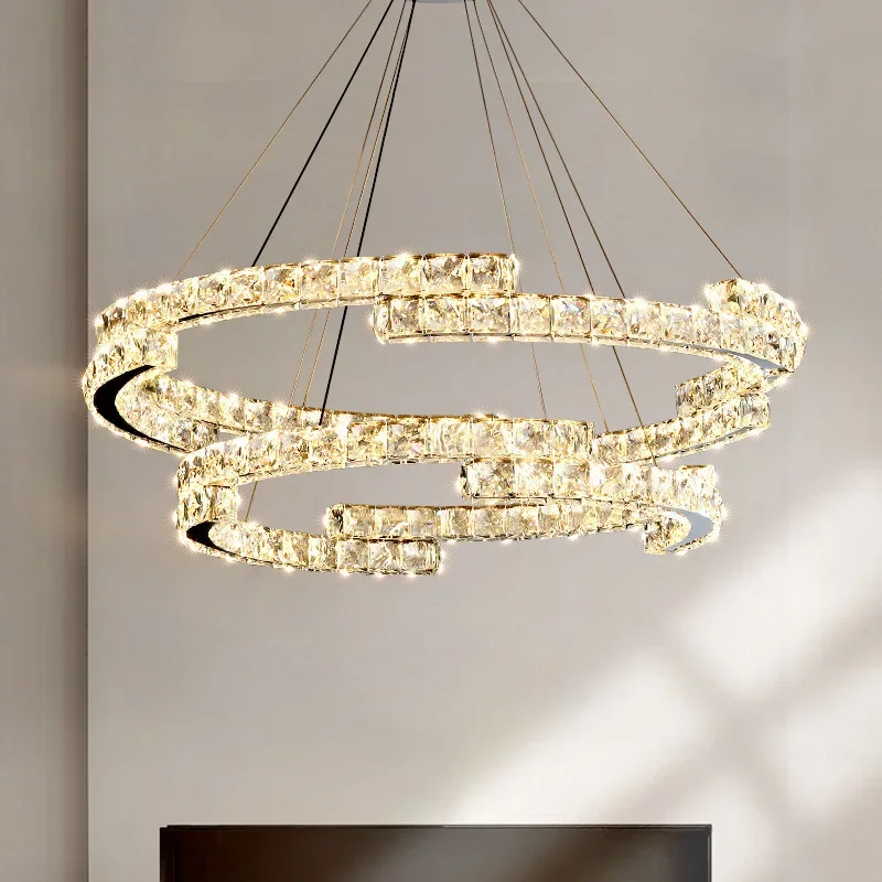 Imagem -03 - Lustre Italiano de Cristais de Camada Dupla Lâmpadas Pingentes Led Luzes Reguláveis Anel de Jantar e Quarto Cristais Home k9 Luxo