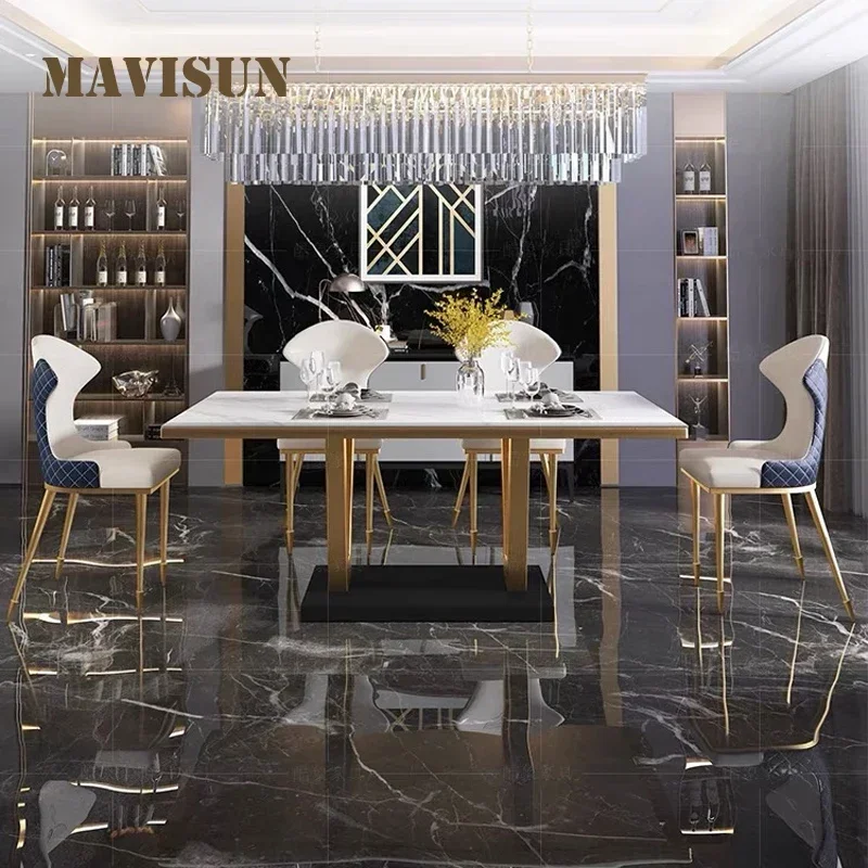 Large Family Dining Table For 8 Person Villa Hotel Glossy Marble Top Stainless Steel Frame Luxury Kitchen Rectangle Table Set