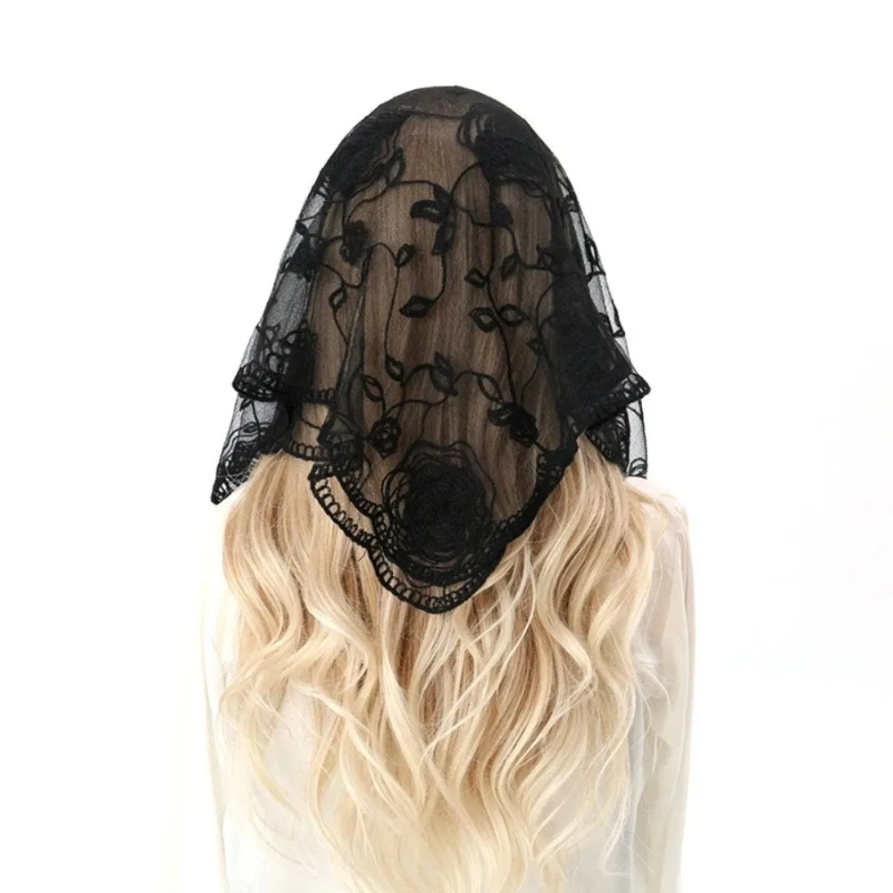 Elegant Lace Mantilla Scarf Floral Pattern Hollow Out Embroidery Church Head Scarf Thin Fabric Solid Color Catholic Bride Scarf