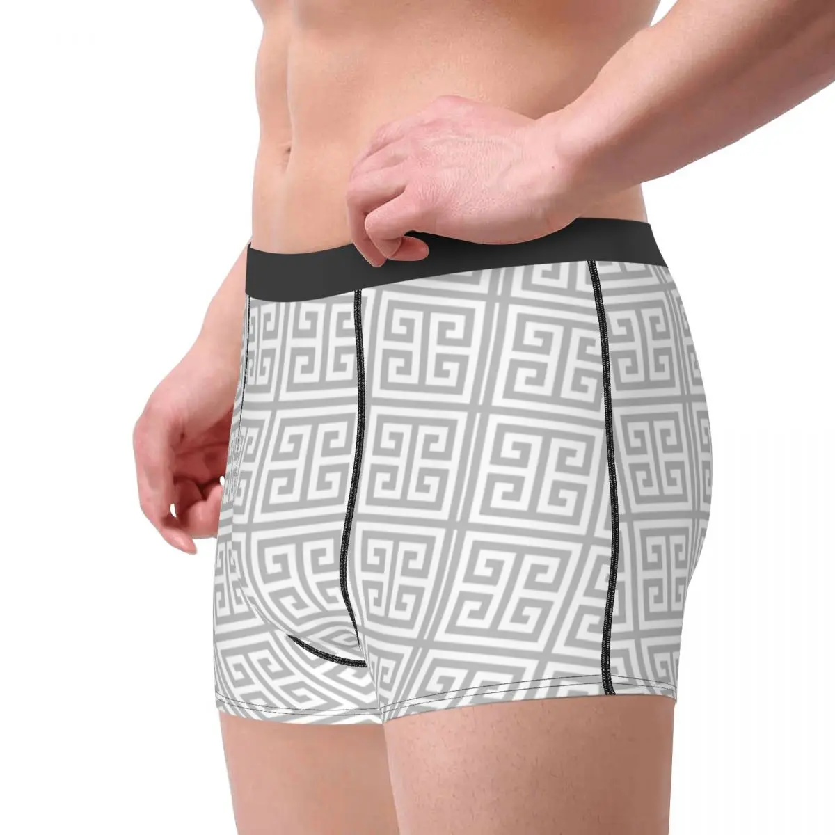 Boxer Greek Key Silver Gray White Pattern Shorts Panties Briefs Man Underwear Nodic Mid Waist Underpants for Homme Plus Size