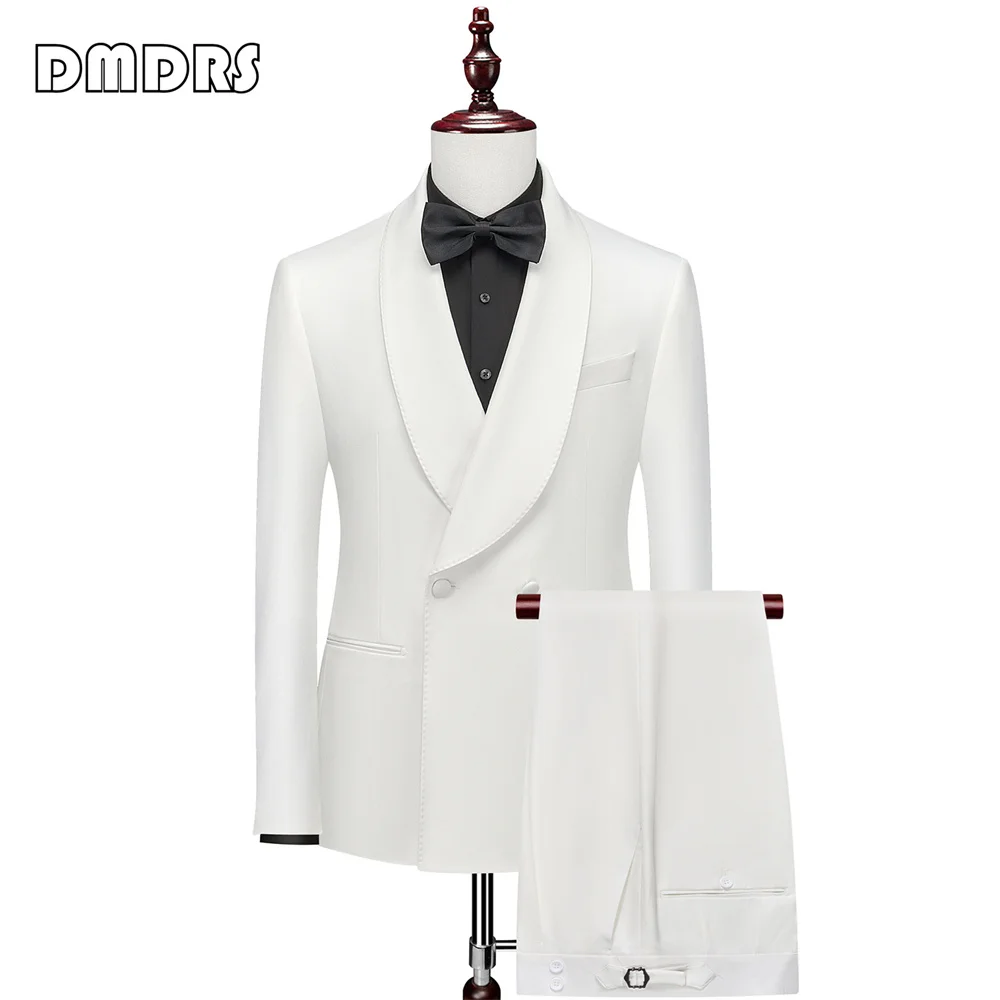 Two Pieces Mens Suit Set for Wedding, Double Breasted Blazer Waist Adjustable Pants Prom Dresswear Tuxedo Slim Fit Jacket Tuxedo