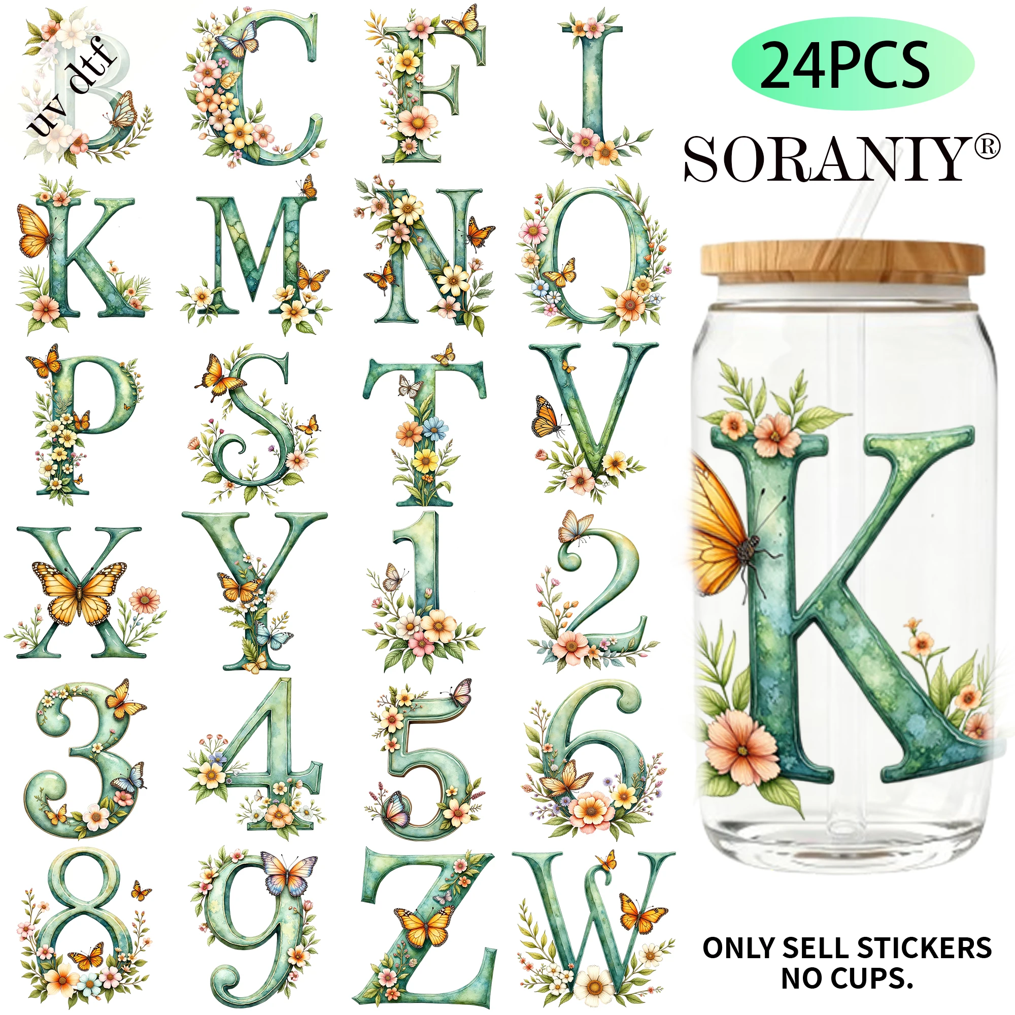 24PCS/Set Floral Alphabet Letter Themed UV DTF 16OZ DIY Transfer Paper Set Used For 16oz Water Bottles Glass