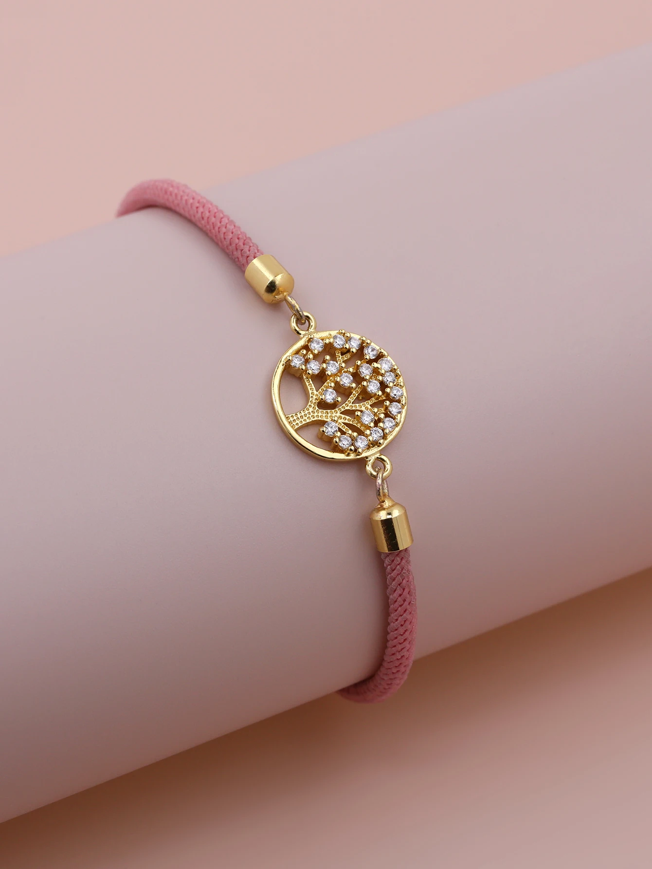Pink Black Red Bracelet Sweet Cute White Zircon Plated Gold Copper Round Life Tree Adjustable Push Pull Bracelet Jewelry