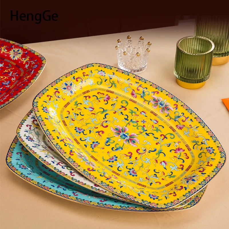 Enamel Colored Ceramic Plate Large Size Fish Plates Elliptical  Hotel Restaurant Tray  Chinese Retro Style Household Tableware