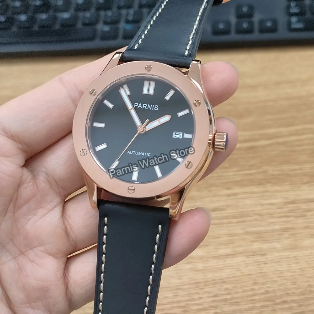 Мужские повседневные часы Parnis с сапфировым стеклом, 44 мм, японский NH35, с автоматическим механизмом, 5 атм, водонепроницаемый черный циферблат, корпус из розового золота