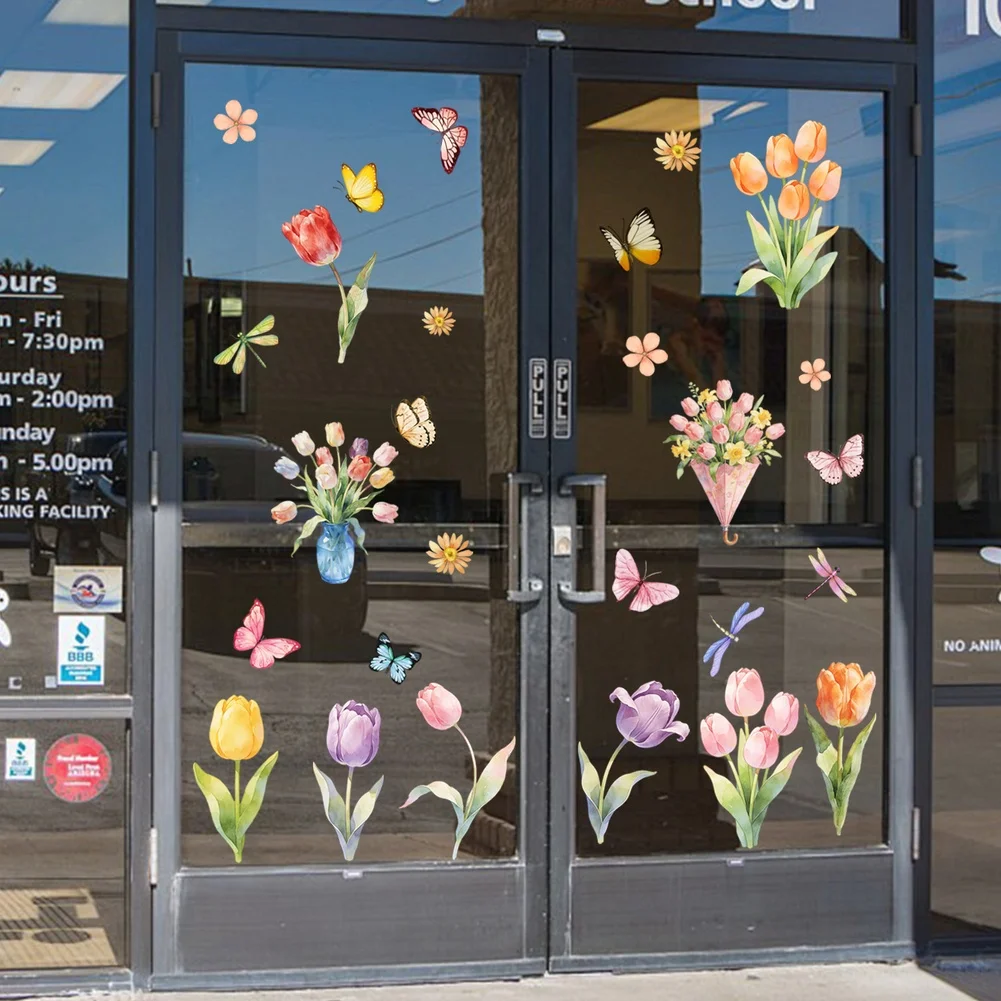 Spring Tulip Glass Static Cling Decals for Windows Mirrors Glass Doors and Glass Walls Double Sided View for Home and Office Use