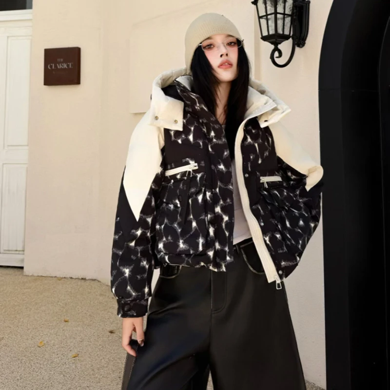 

Winter Fashion Patchwork Short Hooded Down Jacket Women White Duck Down Warm Parker Outwears Female Thick Zipper Pocket Jackets