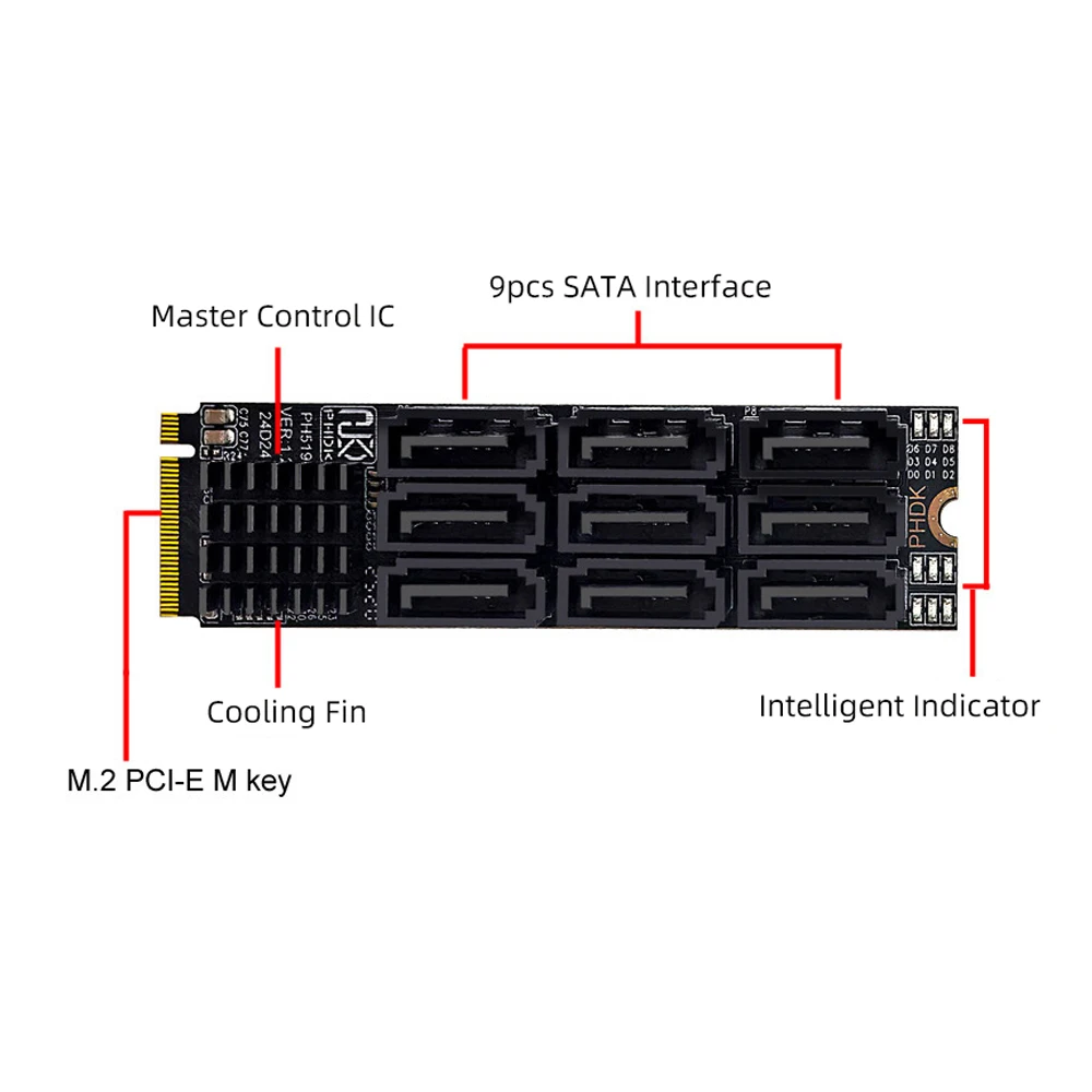 M2 to SATA Adapter M.2 NGFF NVME to SATA3.0 Expansion Card B+M Key M-Key to 9 Ports SATA3.0 6Gbps Controller Riser for HDD SSD