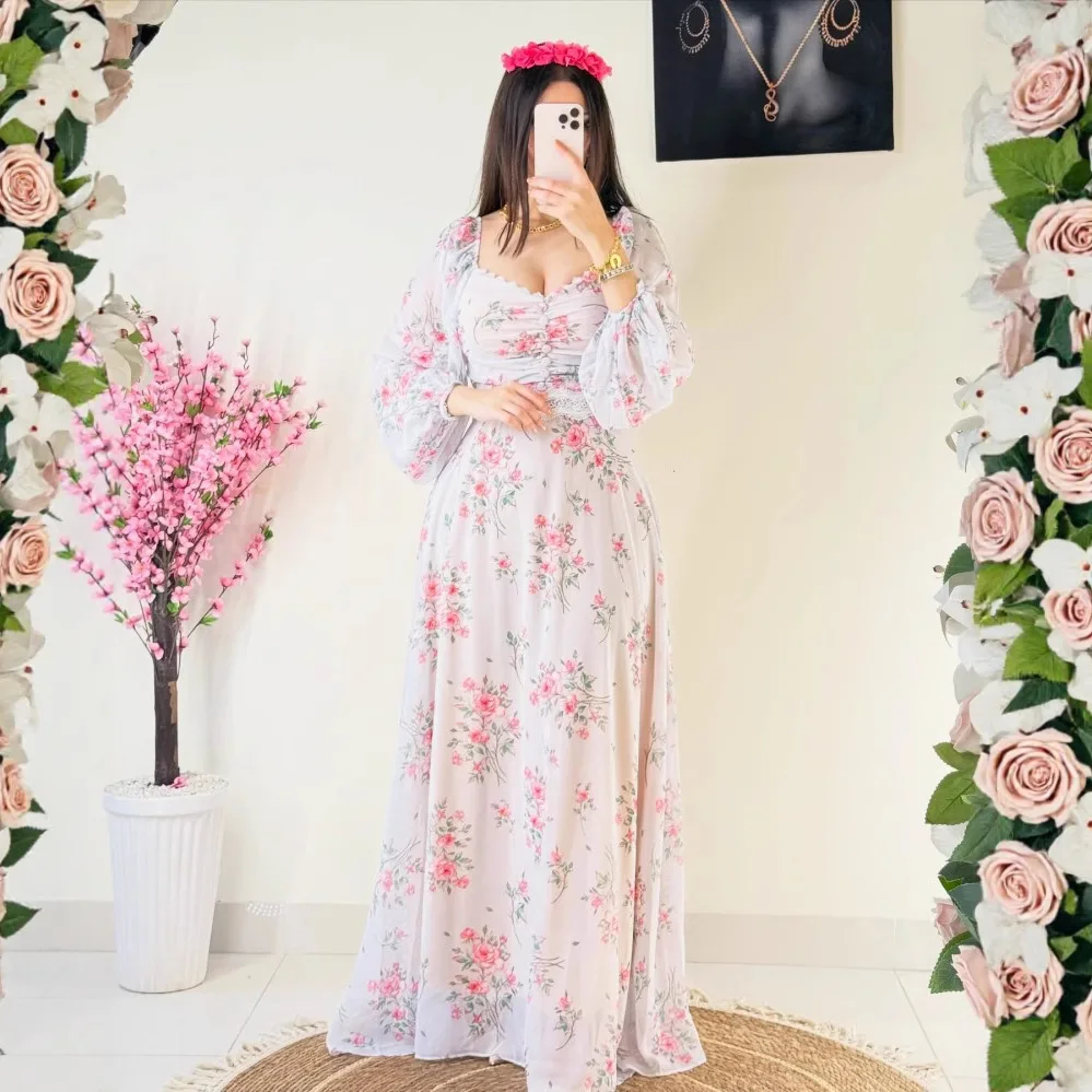 Vestido de encaje estampado de gasa para mujer, vestido largo de manga larga para primavera y verano, cintura alta, ajustado, largo vestido bohe Floral