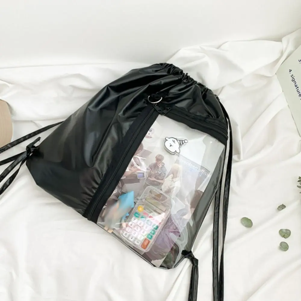 

Transparent Pocket Drawstring Backpack Large Capacity Silver PU Korean Style Itabag Lightweight Handheld Bag Shoulder Bag