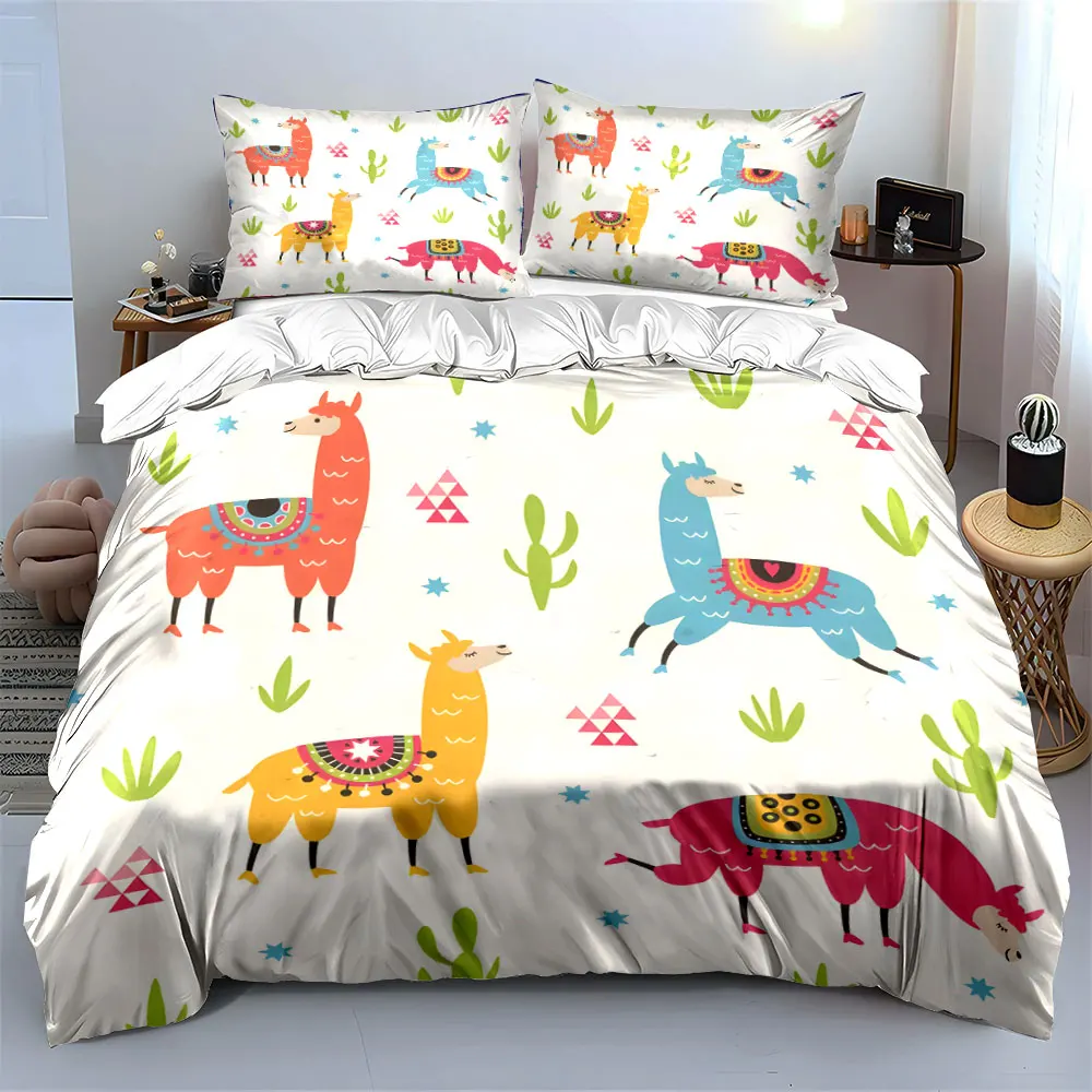 Cute Colorful Llama with Plant Background Design Bedding set 3PC 1 duvet cover 2 pillowcases adult and children bedding set