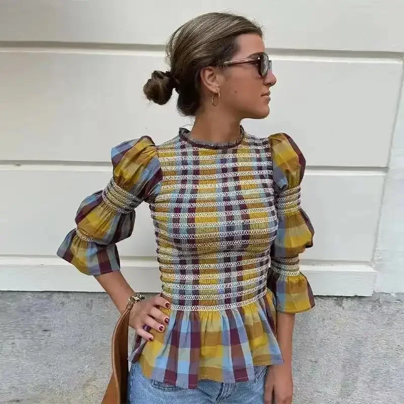 Elegant Plaid Pleated Shirt Women Retro Slim O-neck flare Sleeve Blouses 2024 Spring Summer Fashion Chic Lady Stripe Shirts