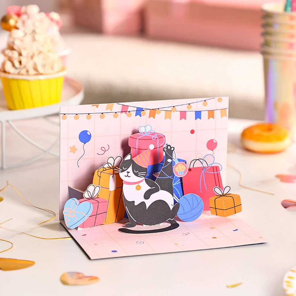 Cat Birthday Pop Up Card Celebration Birthday Greeting Cards Creative Gift Birthday Present For Lover Parents Children Friend