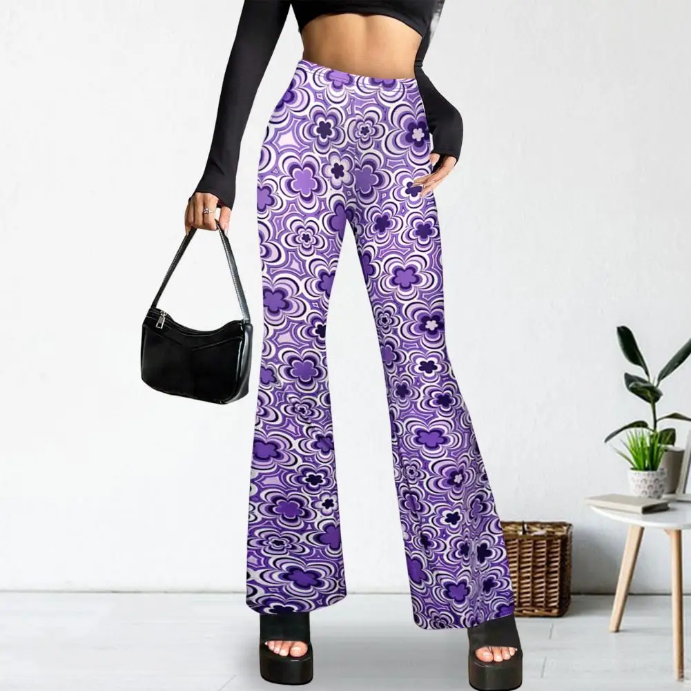 

Casual Commuting Trousers Stylish Women's Flared Pants with Elastic High Waist Vibrant Flower Print for Daily Wear Business