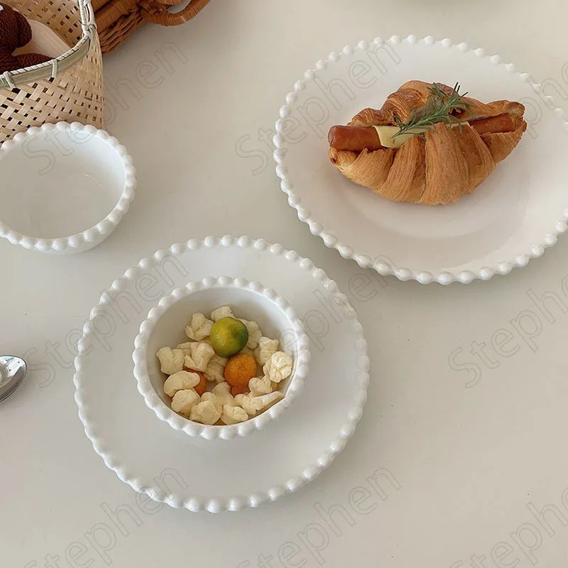 Korean Ins White Pearl Ceramic Plate Modern Minimalist Breakfast Bread Dessert Plates Fruit Salad Bowl Afternoon Tea Tableware