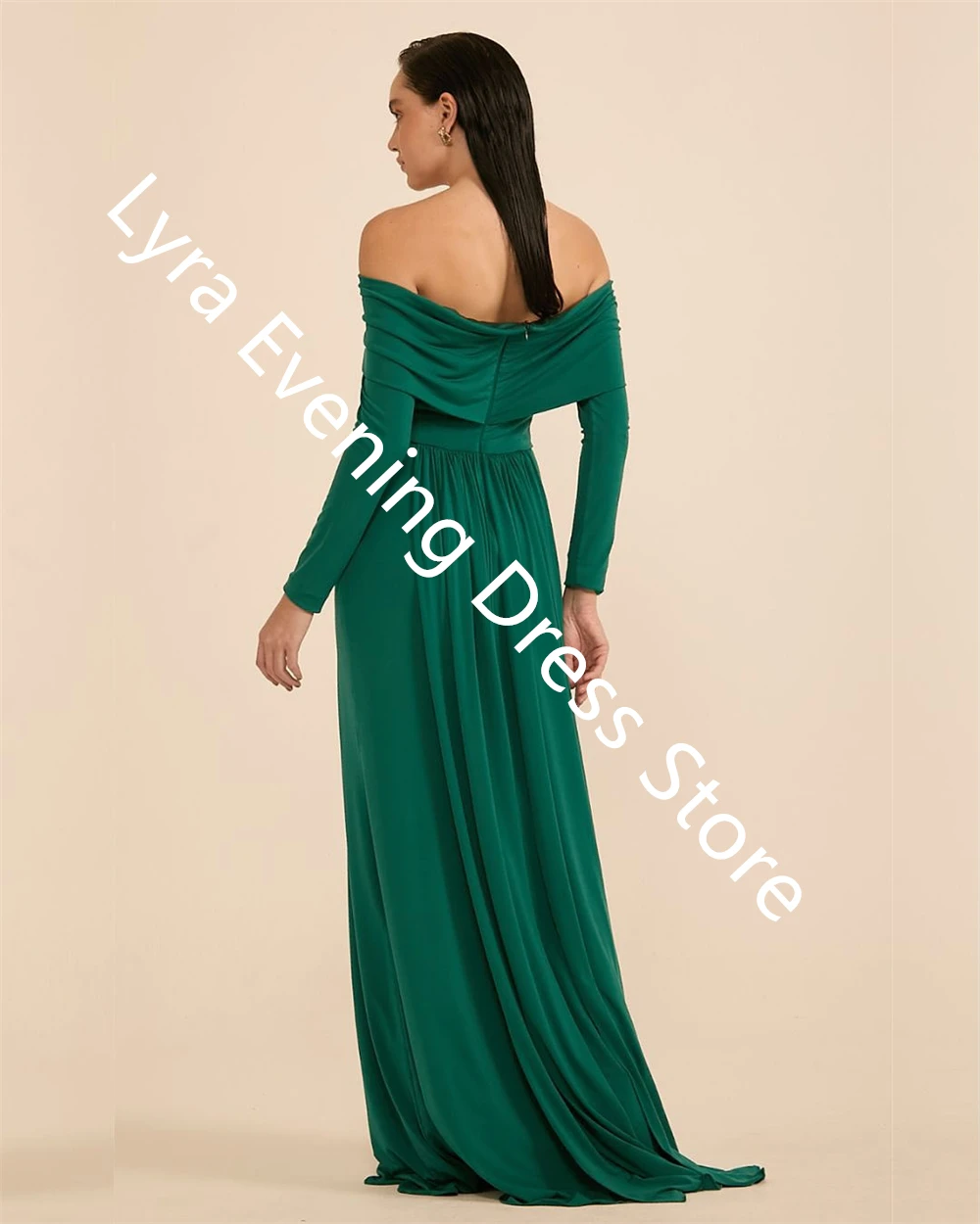 Gaun Malam Jersey Hijau Klasik Kustom Gaun Malam Gaun Selebriti Lengan Panjang Bahu Terbuka Lembut