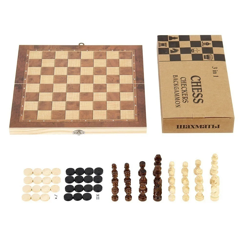 

3-in-1 Chess&Backgammon&Checkers Set Chessboard Foldable Board Games Set Educational Wooden International Chess Game