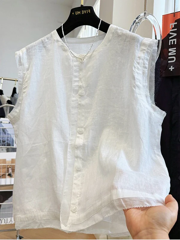

Ladies Cotton Linen Shirt Thin Short Sleeve Sleeveless Beautiful Summer New Style Commute Style round Neck Button up Casual S...