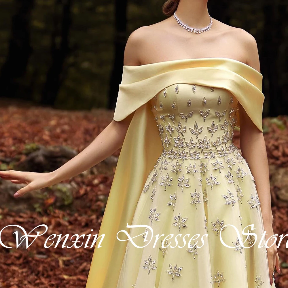 luxury and Exquisite Beading Crystal Yellow Satin Evening Dress Elegant Strapless Off the Shoulder Watteau Train Sleeveless Gown